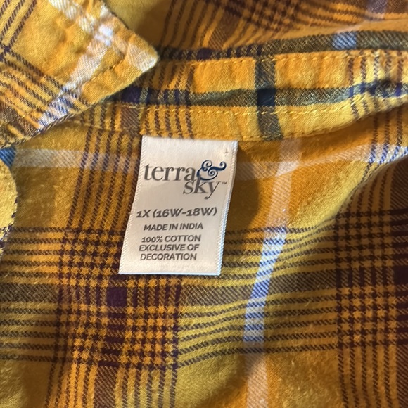 Terra & Sky Womens Plus 1X Flannel Shirt Floral Embroidered Plaid Yellow - Picture 5 of 6